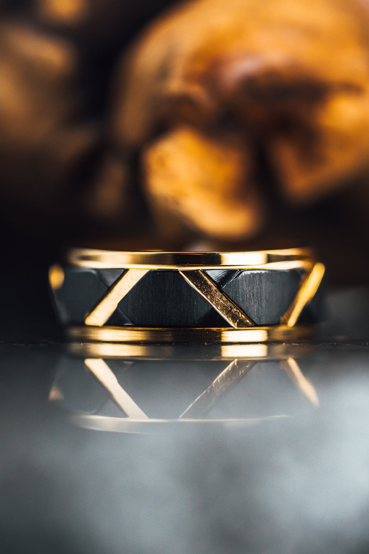 Yellow Gold Plated Flat Polished Step Edged Titanium Men&#39;s Wedding Band With Matte Black Raised Horizontal Etches and Gold-Plated Diagonal-Shape Cut Inlay