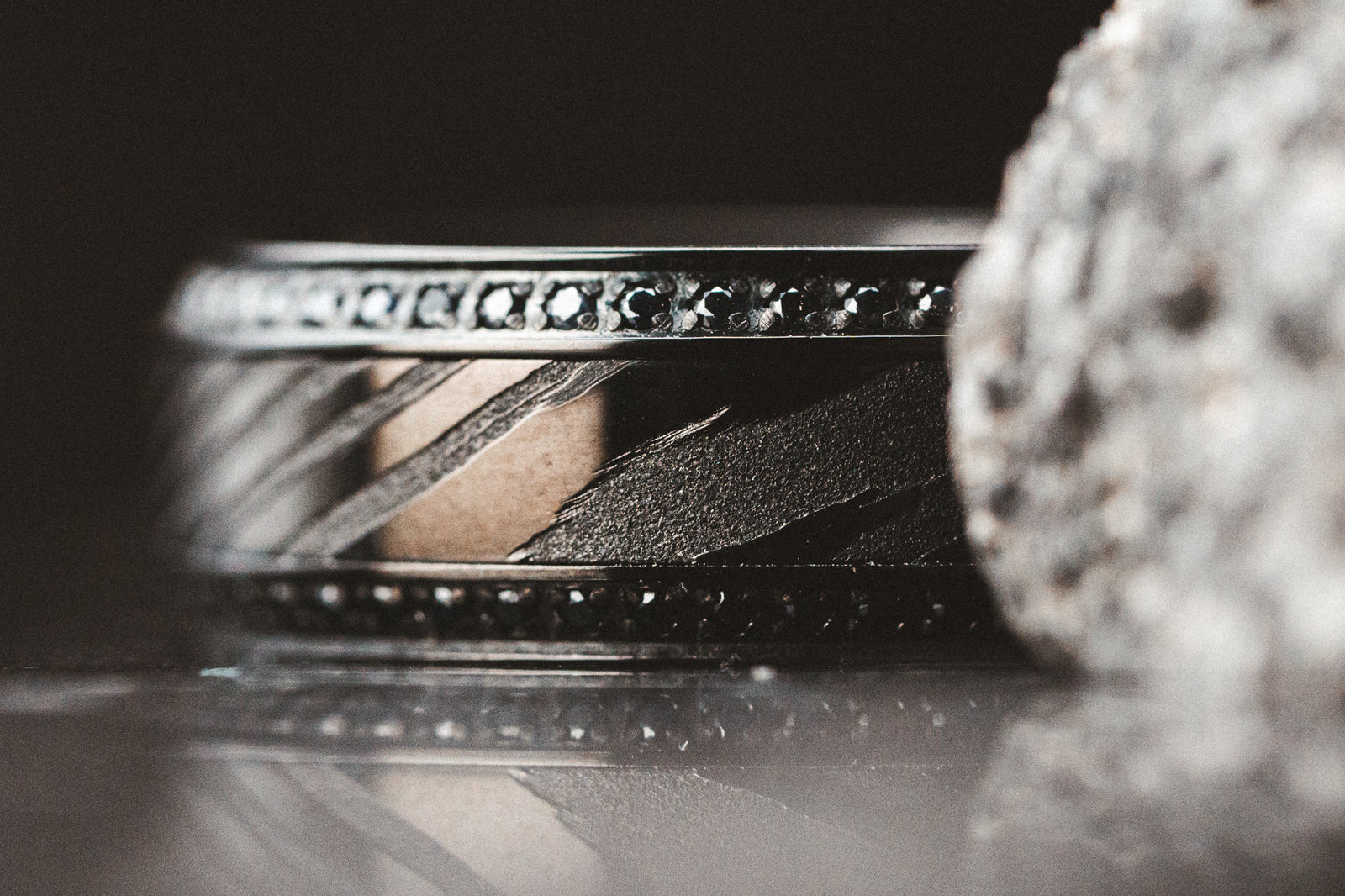 Black Damascus Steel Inlaid Polished Black Titanium Men's Wedding Band With Black Sapphire Beveled Edges