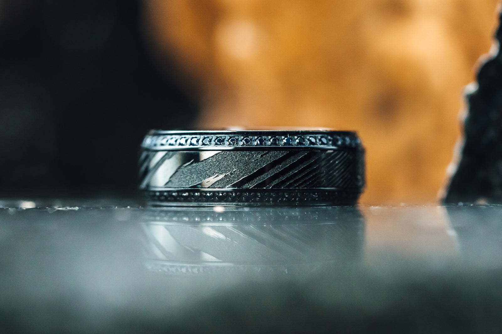 Black Damascus Steel Inlaid Polished Black Titanium Men's Wedding Band With Black Sapphire Beveled Edges