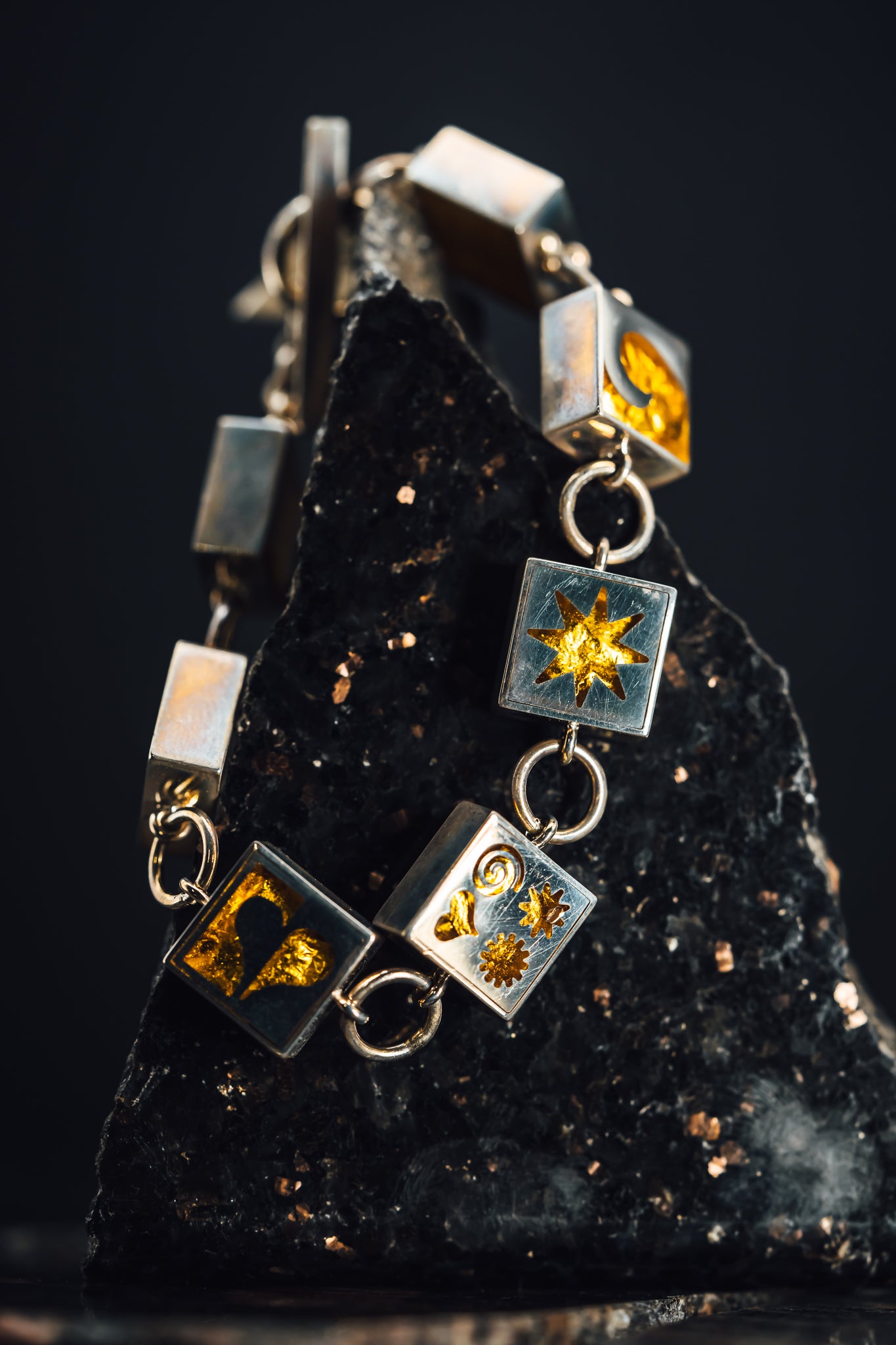 Sterling Silver Symbols Bracelet w/Gold Leaf Inside