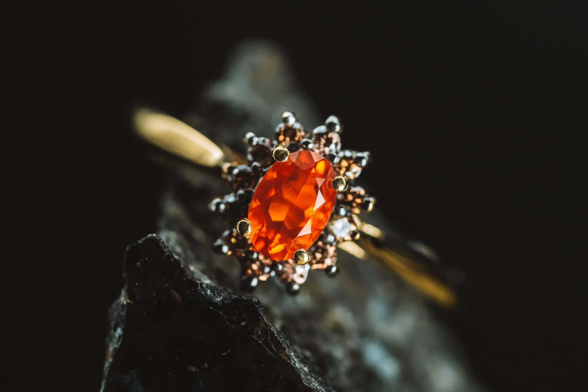 14k Yellow Gold Mexican Fire Opal and Halo Diamond Ring