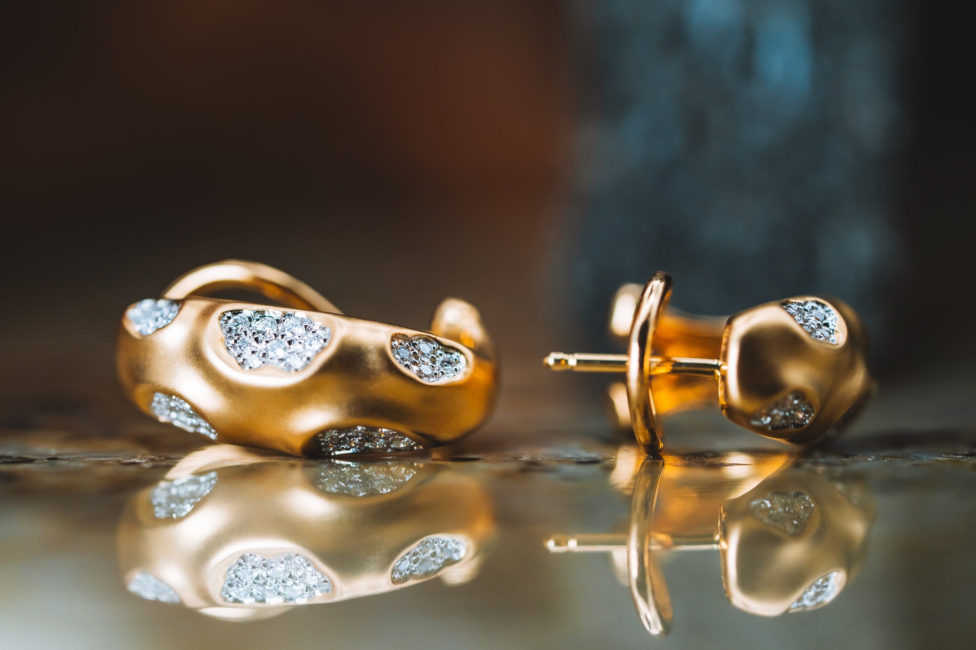 14k Yellow Gold Brushed Diamond Omega Hinged Earrings