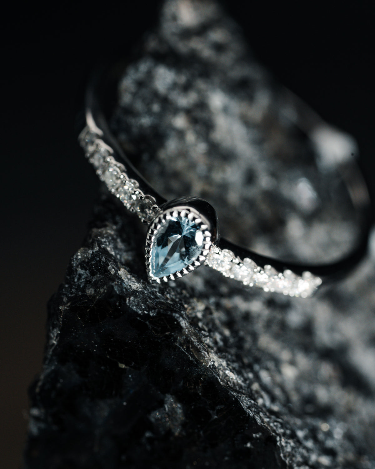 14K White Gold Bezel Set Blue Topaz and Diamond Ring