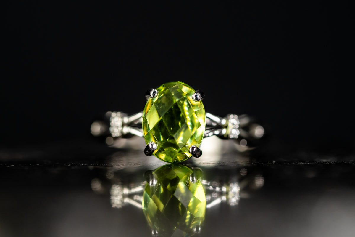 14k White Gold Oval Faceted Peridot and Diamond Ring