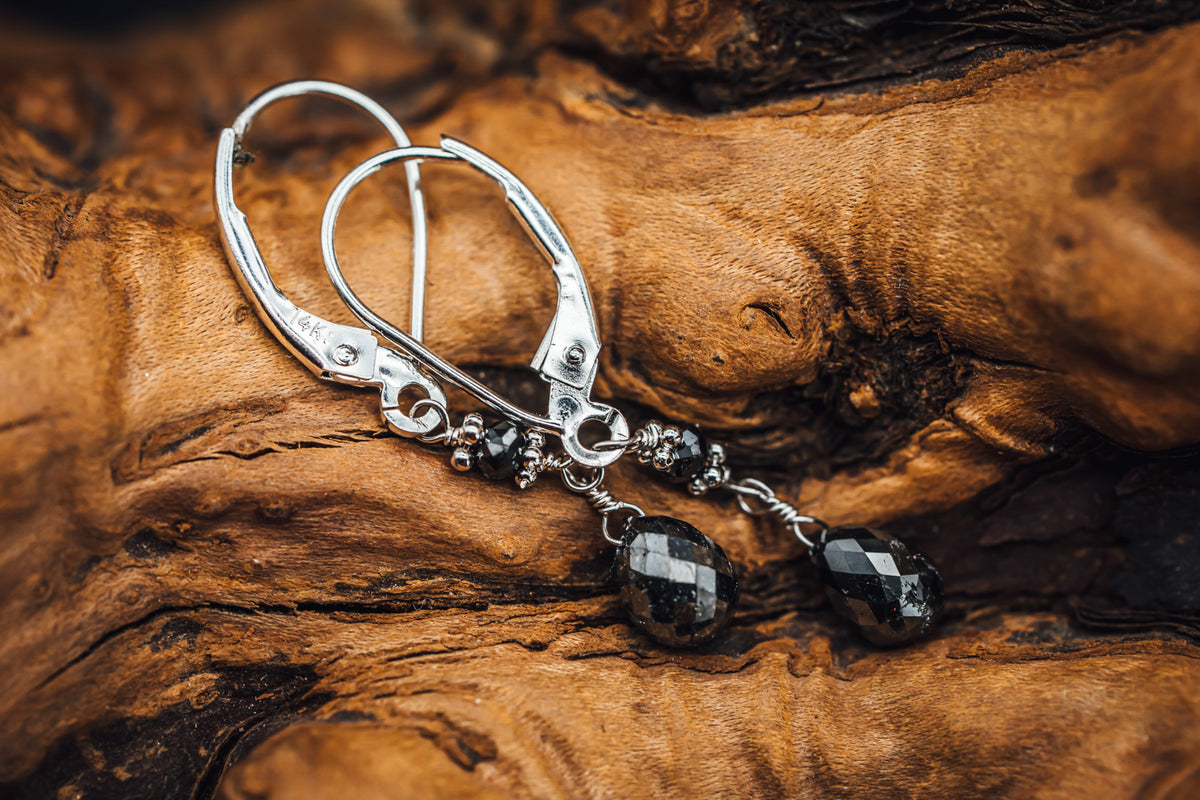 14k White Gold Single Drop Short Black Diamond Earrings