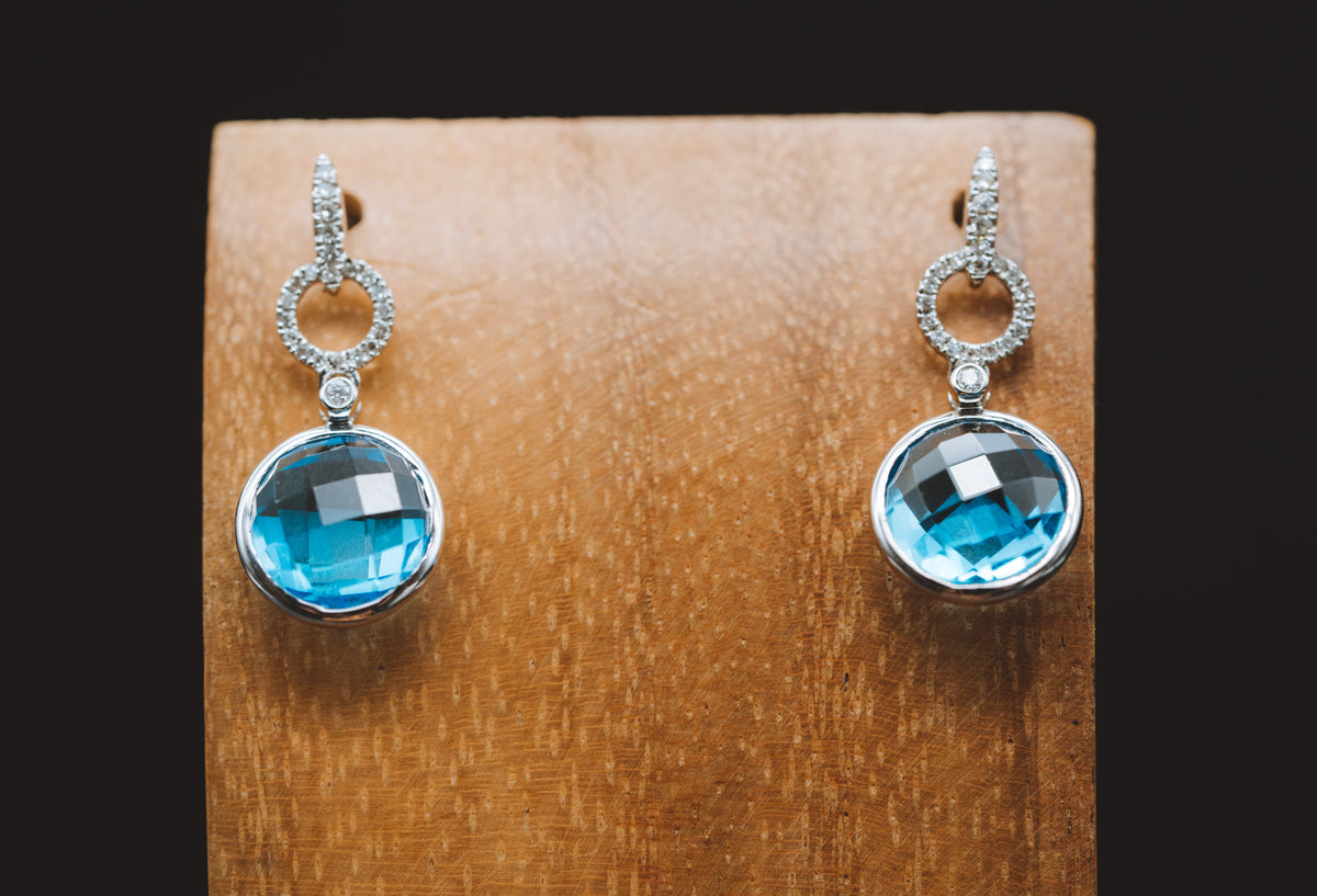 14k White Gold Blue Topaz and Diamond Earrings