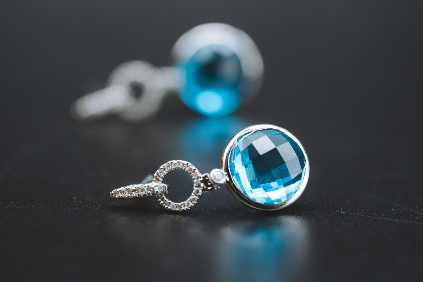 14k White Gold Blue Topaz and Diamond Earrings