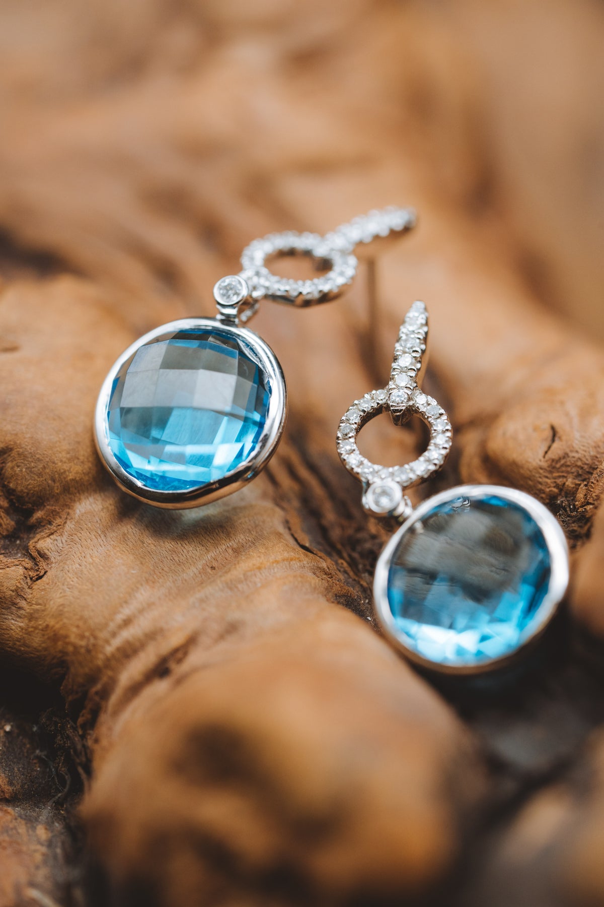 14k White Gold Blue Topaz and Diamond Earrings