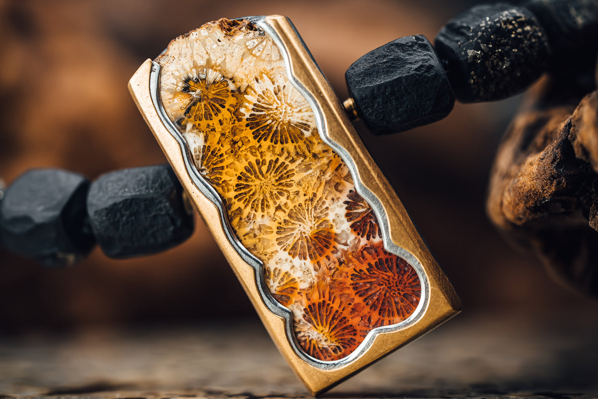 Cubes of Slate with Pyrite Necklace and an 18k White and Yellow Gold Pendant/Clasp with Fossilized Coral