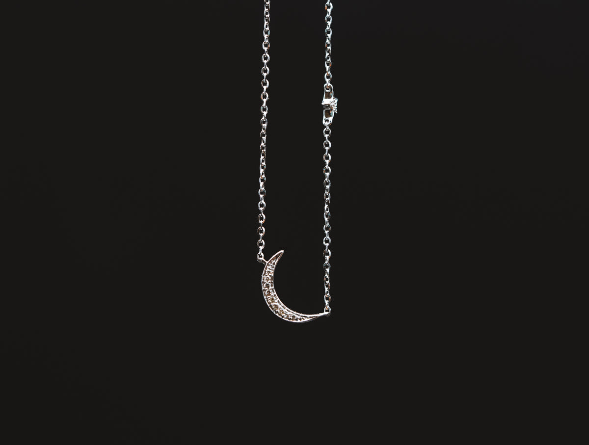 14k White Gold Moon and Star Necklace