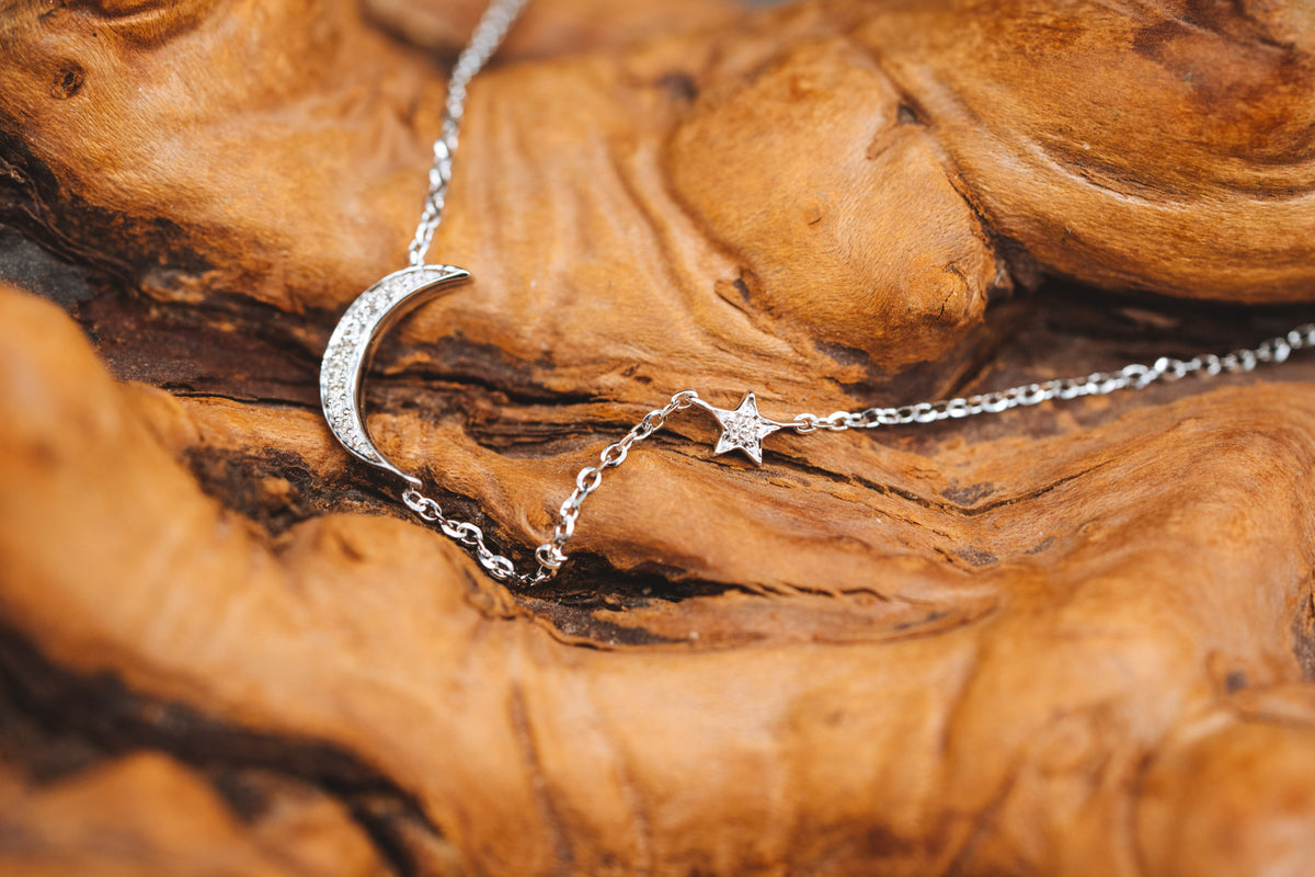14k White Gold Moon and Star Necklace