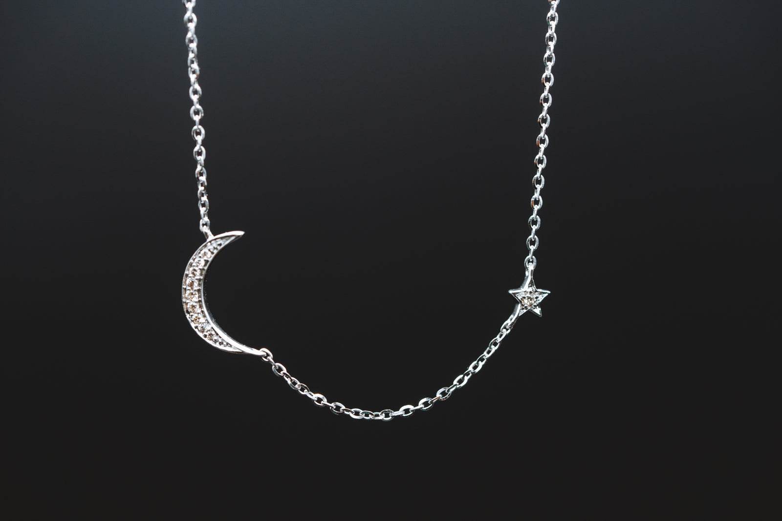 14k White Gold Moon and Star Necklace