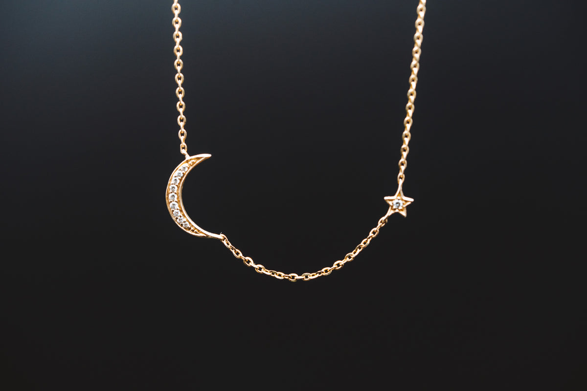 14k Yellow Gold Moon and Star Necklace