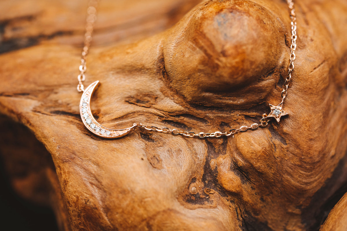 14k Yellow Gold Moon and Star Necklace