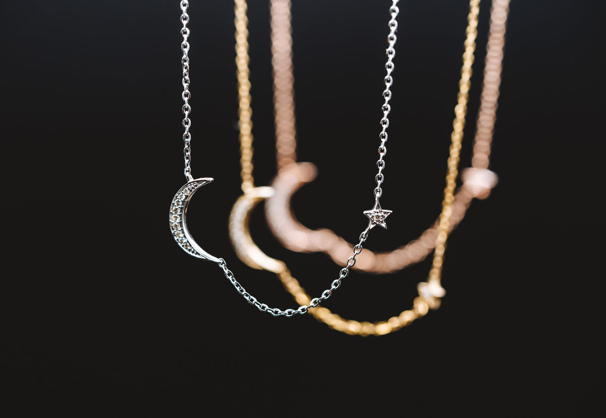 14k White Gold Moon and Star Necklace