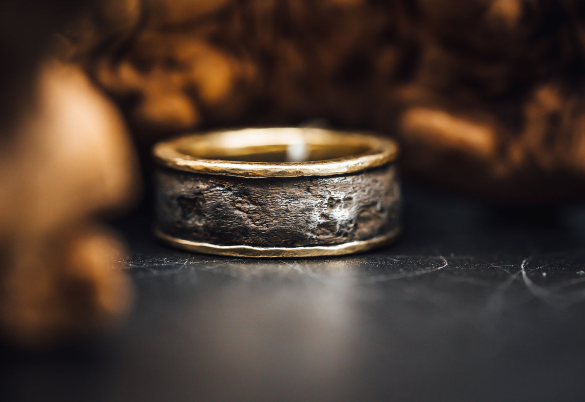 Oxidized Textured Sterling Silver and 18k Yellow Gold Diamond Men&#39;s Band