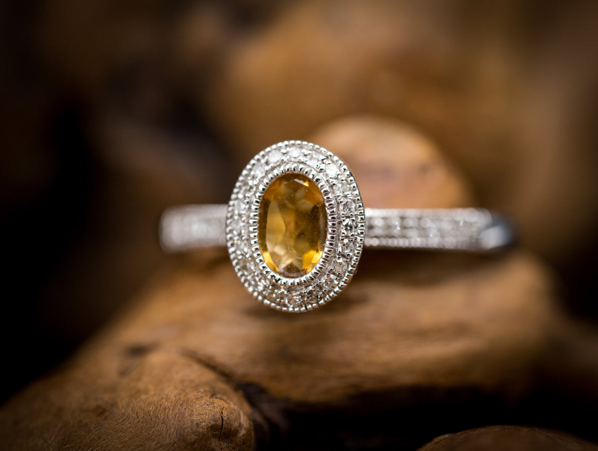 14k White Gold Citrine and Diamond Halo Ring