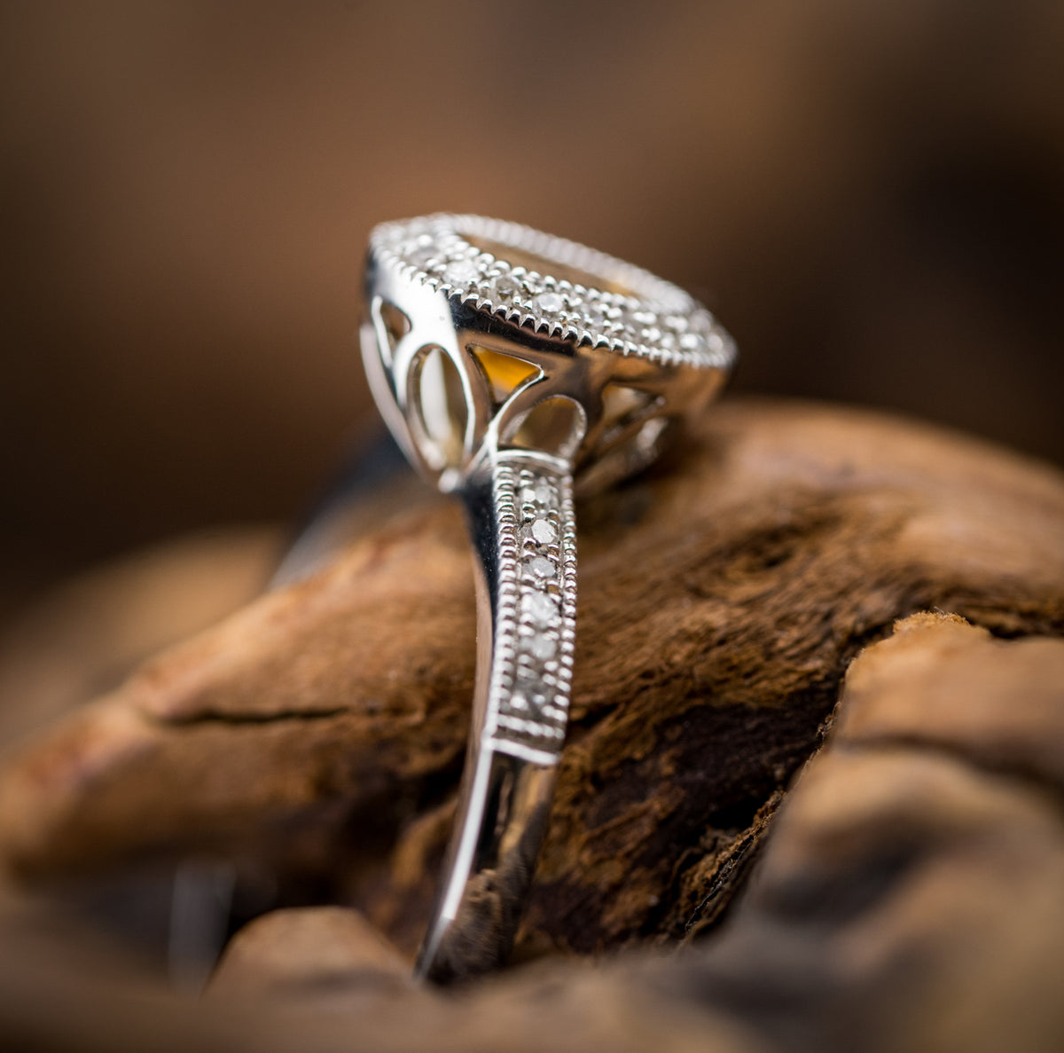14k White Gold Citrine and Diamond Halo Ring