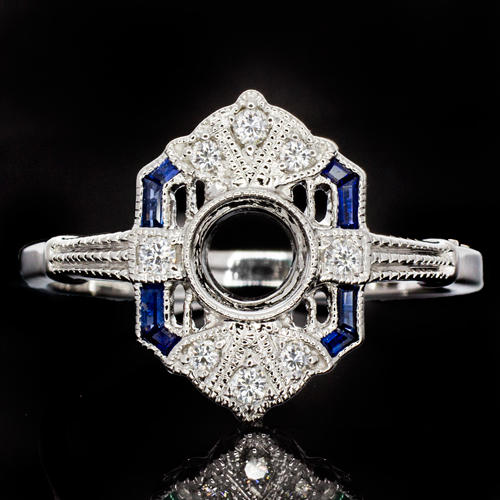 14k White Gold Art Deco Diamond and Sapphire Semi-Mount