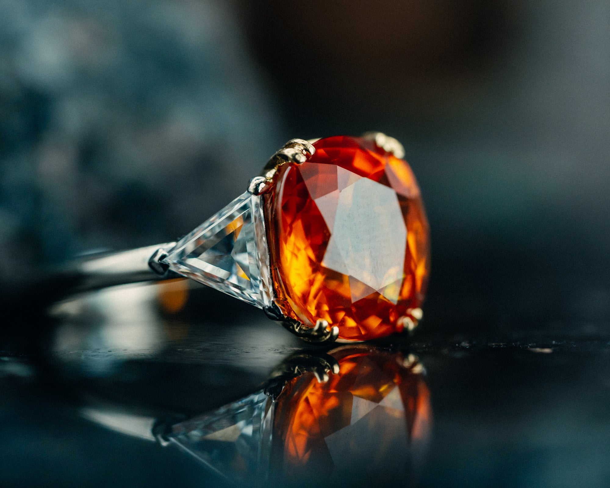 18k Yellow Gold Orange Sapphire and Diamond Ring