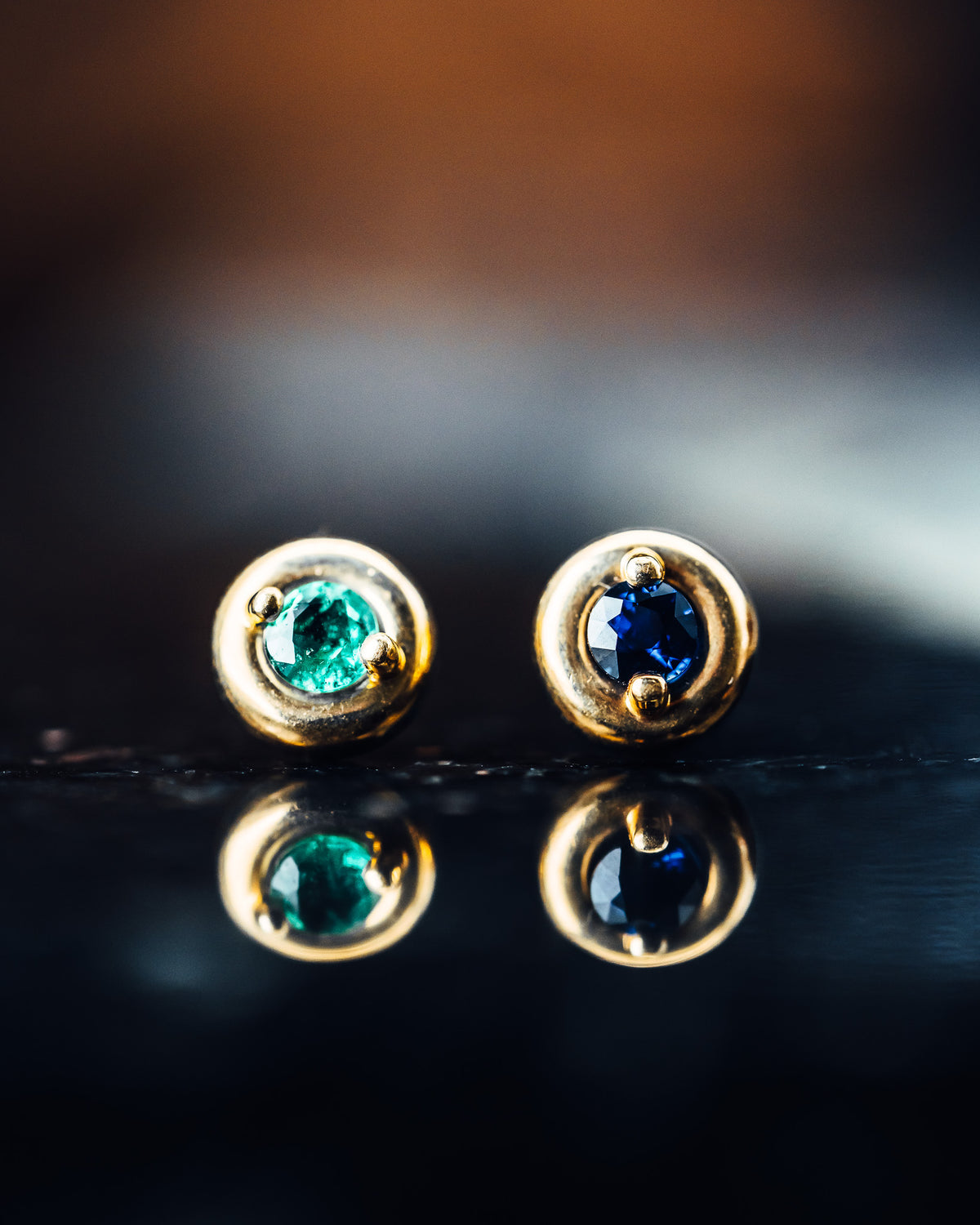 14k Yellow Gold Emerald and Sapphire Stud Earrings