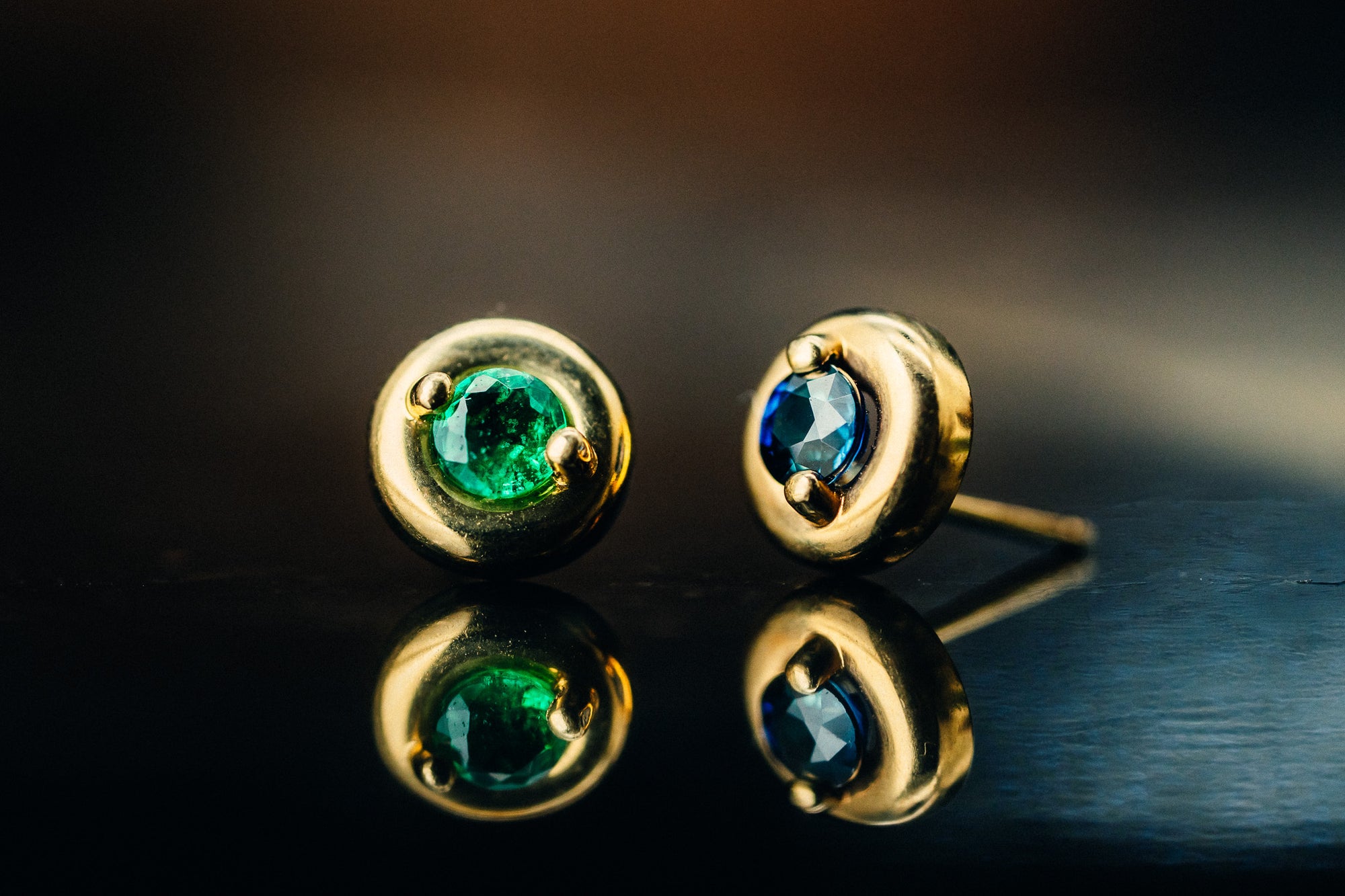 14k Yellow Gold Emerald and Sapphire Stud Earrings