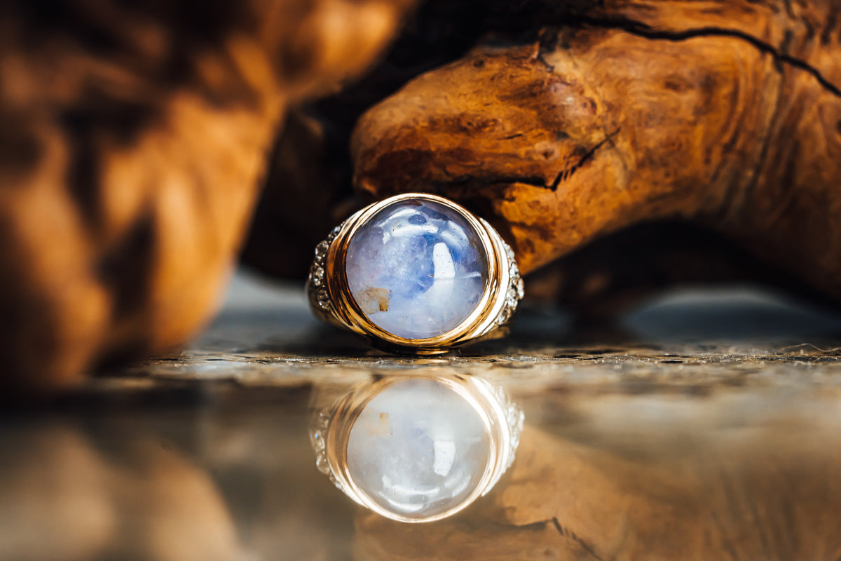 14k Yellow Gold Sapphire Cabochon and Diamond Ring