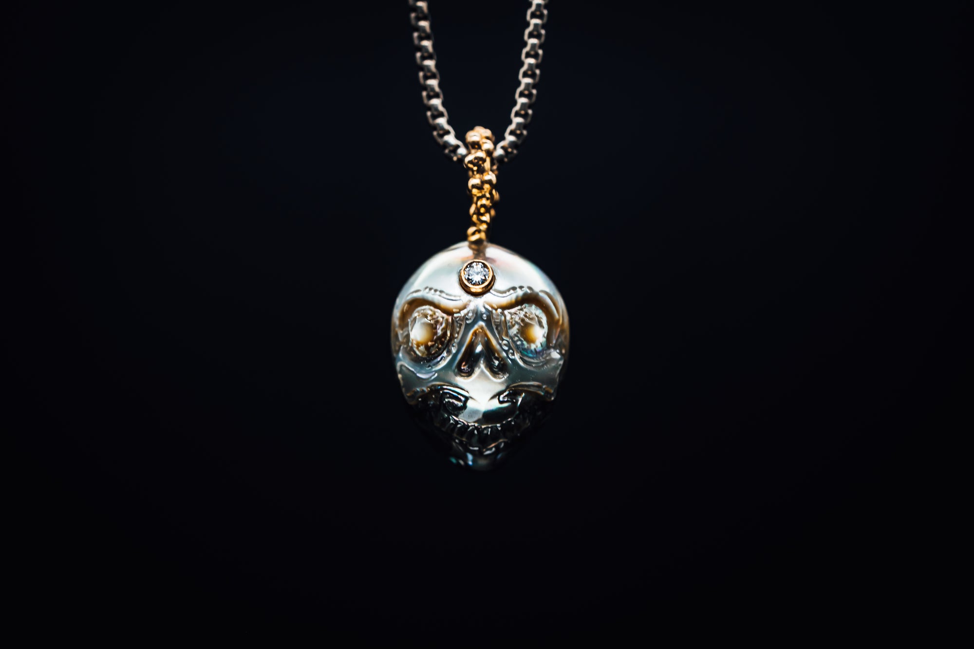 14k Yellow Gold Carved Pearl and Diamond Pendant