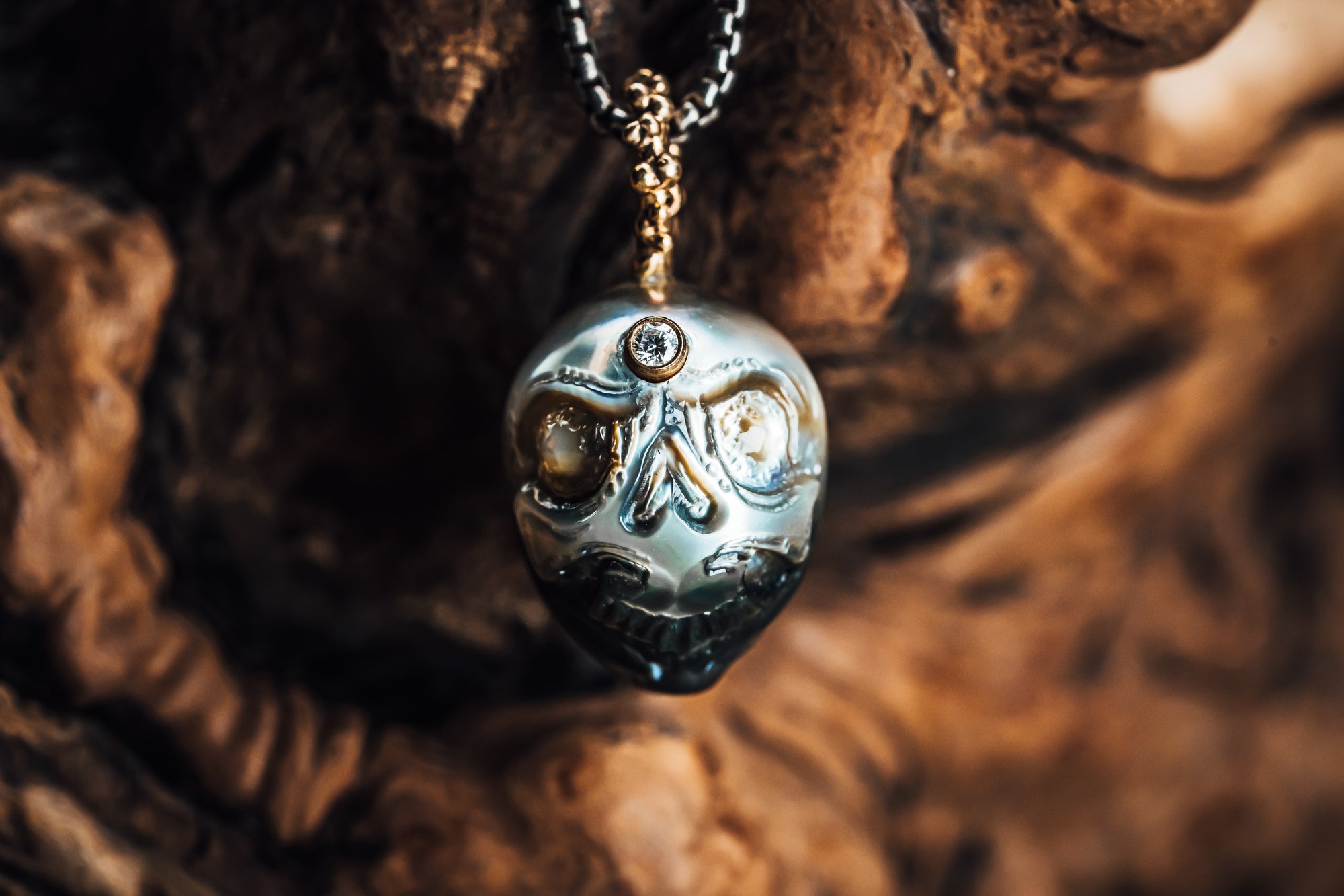 14k Yellow Gold Carved Pearl and Diamond Pendant