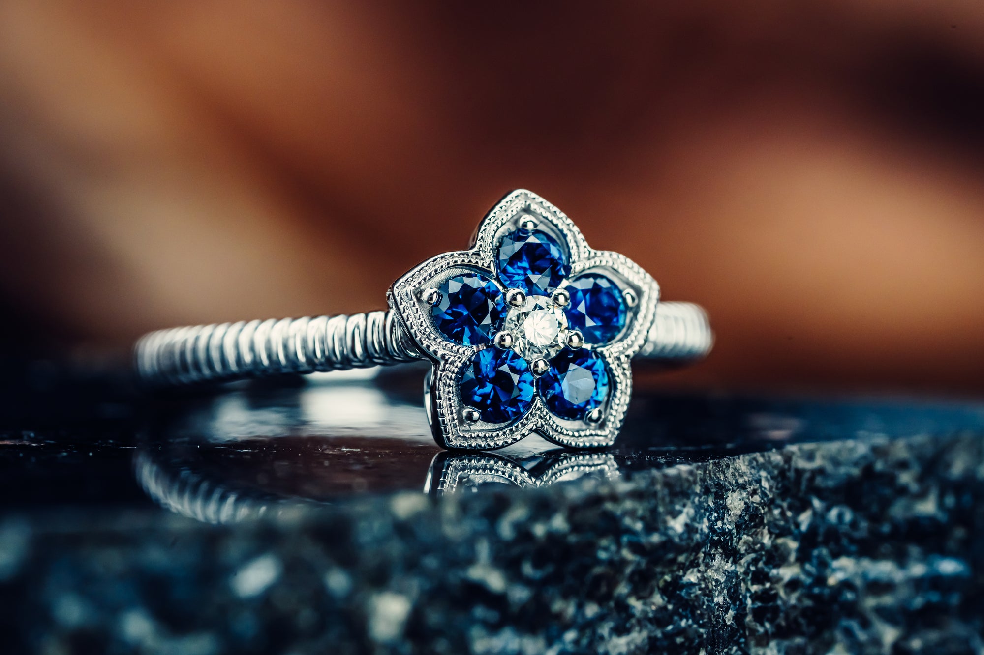 14k White Gold Sapphire and Diamond Flower Ring
