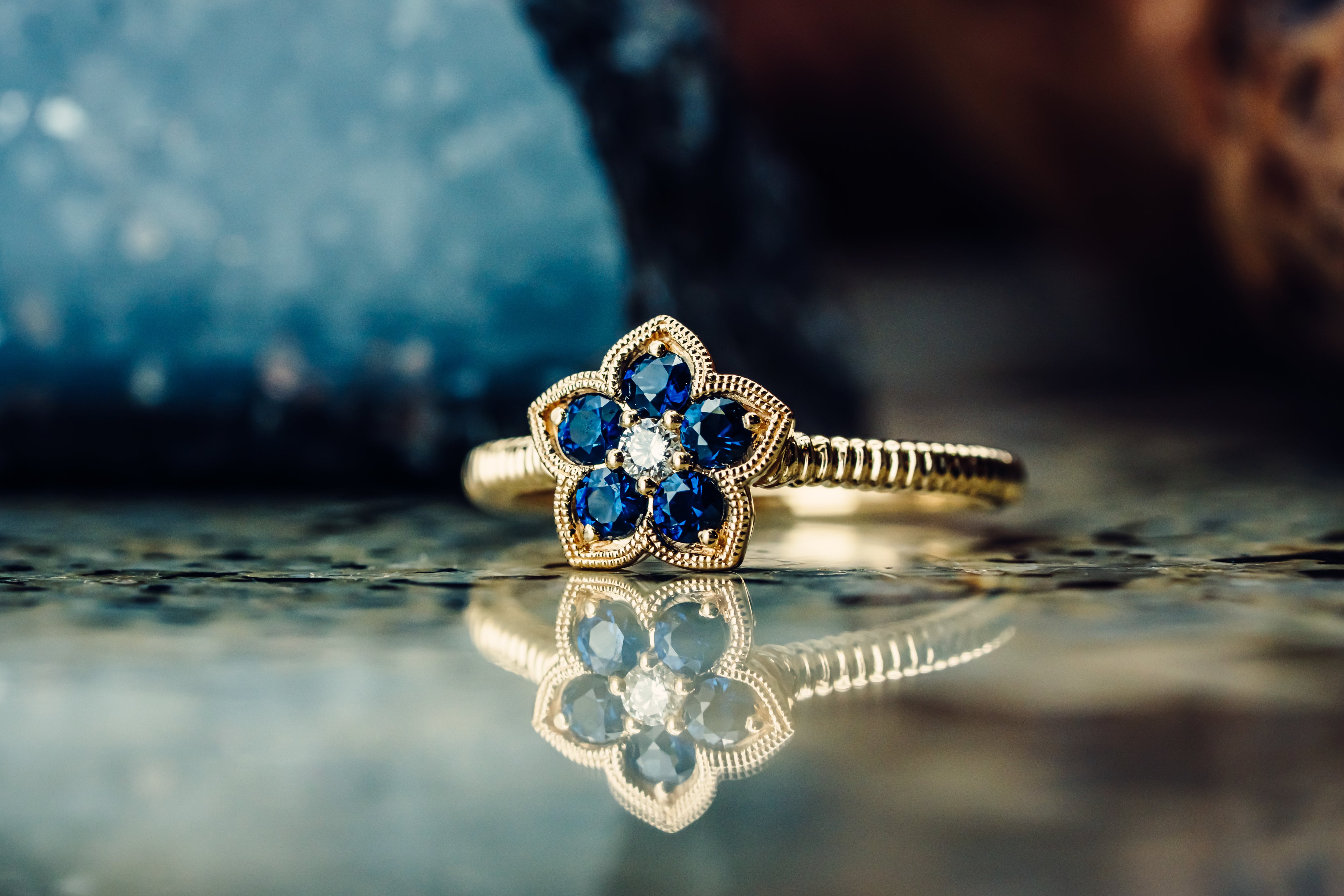 Flower Engagement Ring With Sapphire & Diamonds, 14k or 18k Solid Gold 