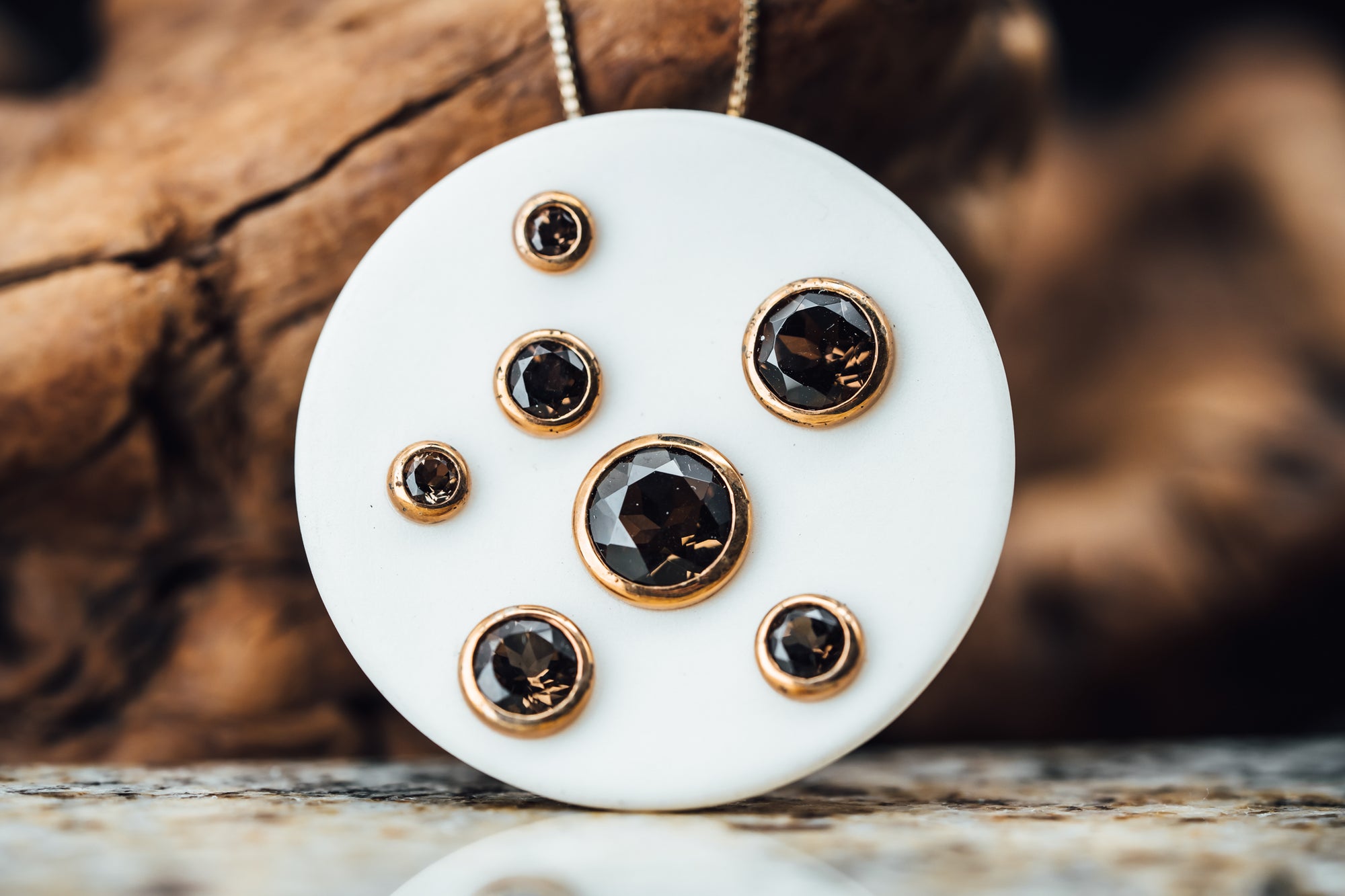 White Ceramic Sterling Silver Rose Gold Plated Smokey Quartz Pendant