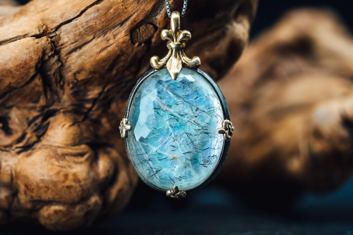 Sterling /22k Yellow Gold Tourmalated Quartz and Mother of Pearl Pendant