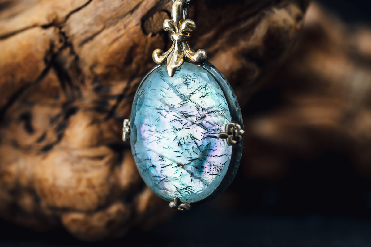 Sterling /22k Yellow Gold Tourmalated Quartz and Mother of Pearl Pendant