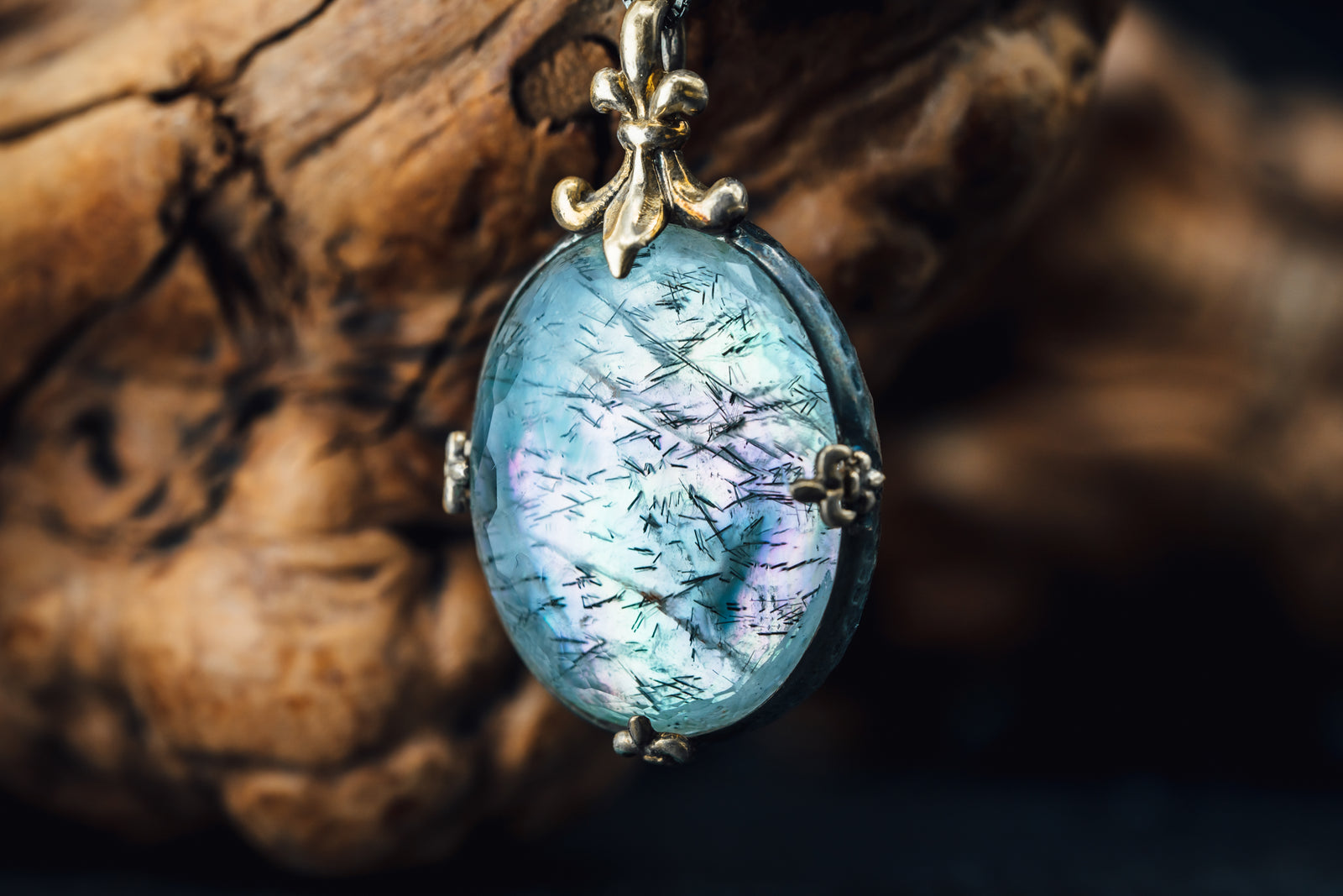 Sterling /22k Yellow Gold Tourmalated Quartz and Mother of Pearl Pendant