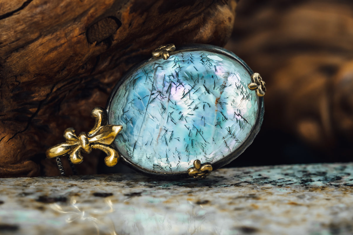 Sterling /22k Yellow Gold Tourmalated Quartz and Mother of Pearl Pendant