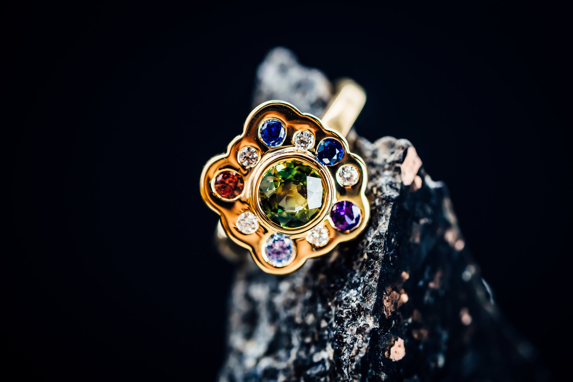 18k Yellow Gold Custom Sapphire and Diamond Ring