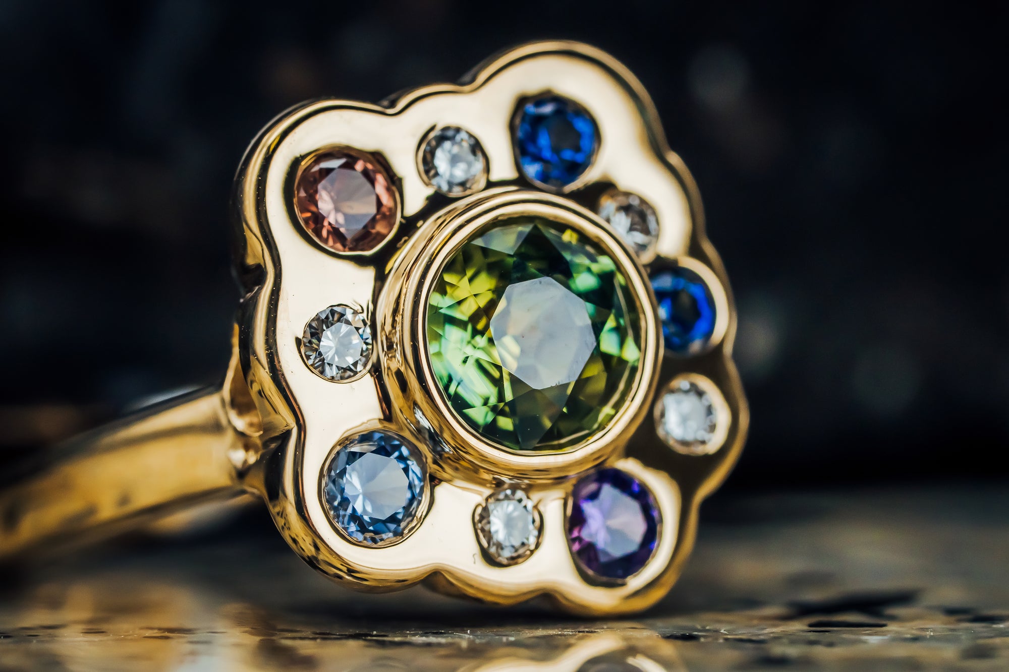 18k Yellow Gold Custom Sapphire and Diamond Ring