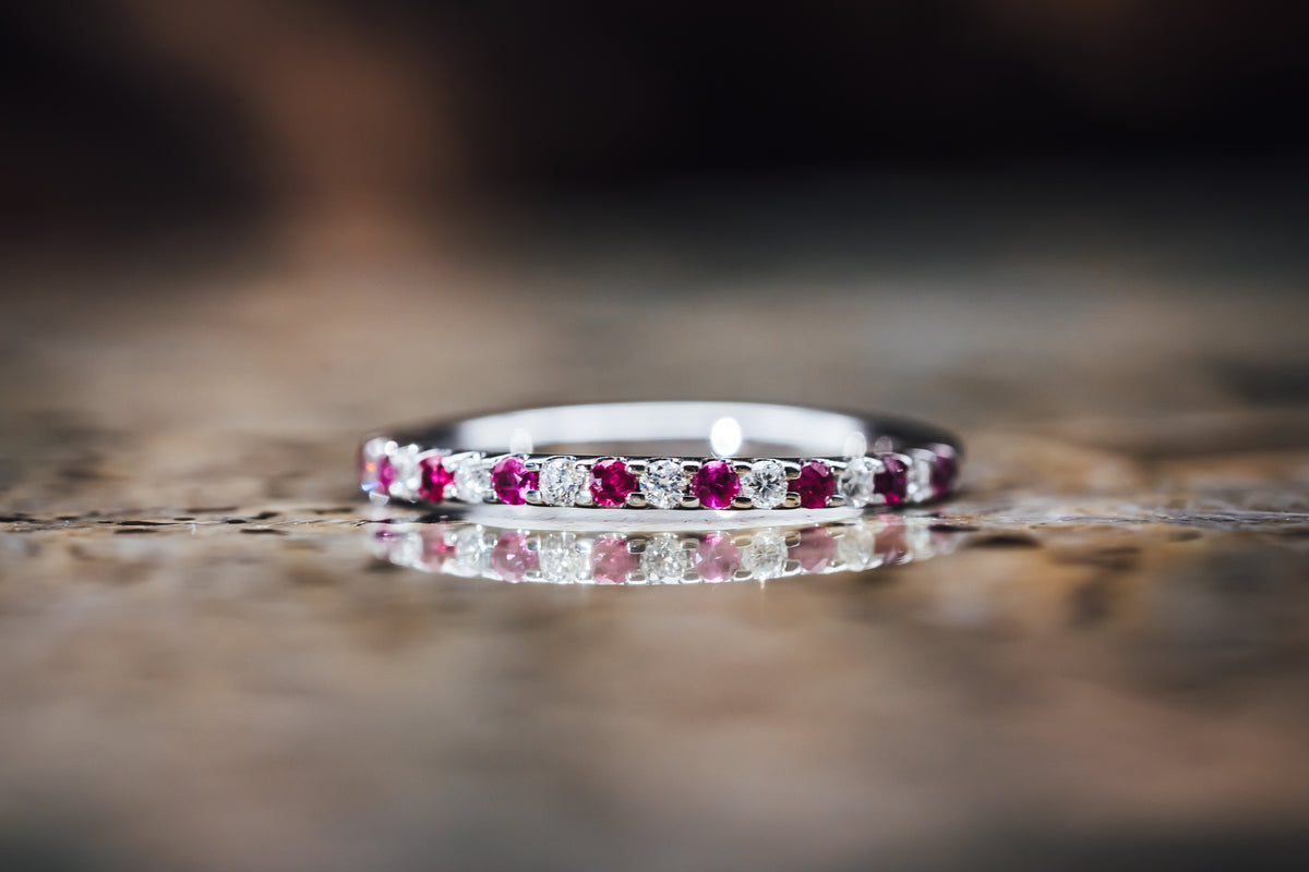 14k White Gold Ruby and Diamond Anniversary Band
