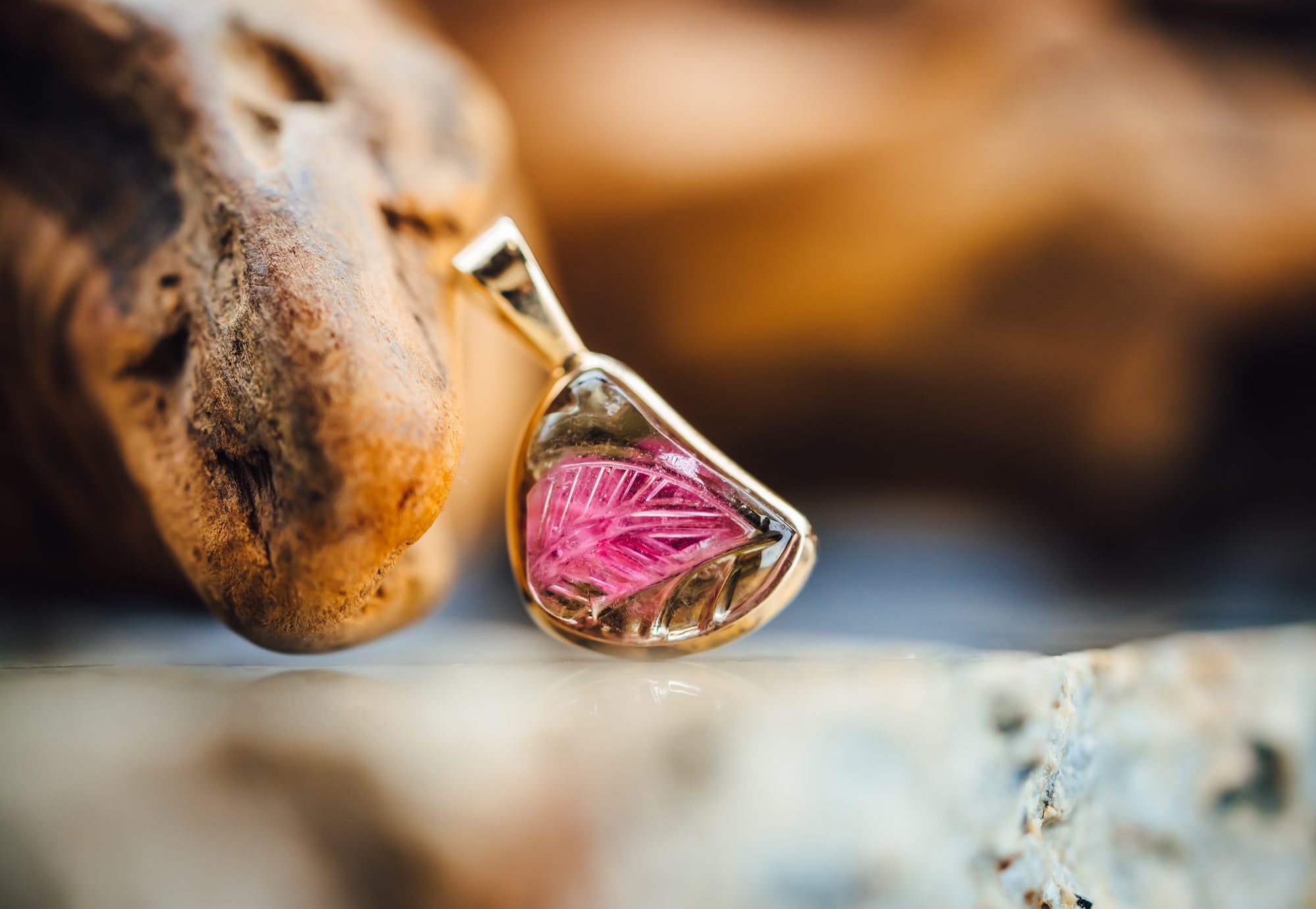 14k Yellow Gold Carved Watermelon Tourmaline Leaf Pendant