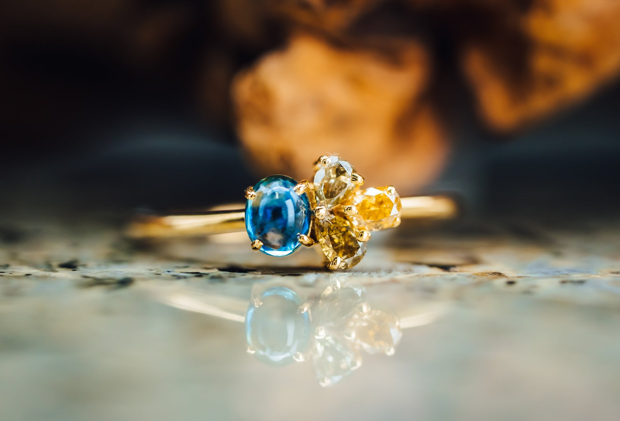 14k Yellow Gold Sapphire Cabochon and Yellow Diamond Ring