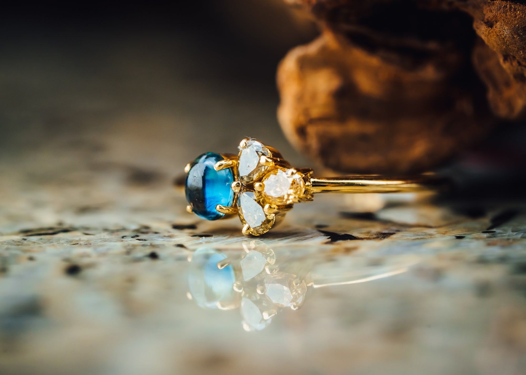 14k Yellow Gold Sapphire Cabochon and Yellow Diamond Ring