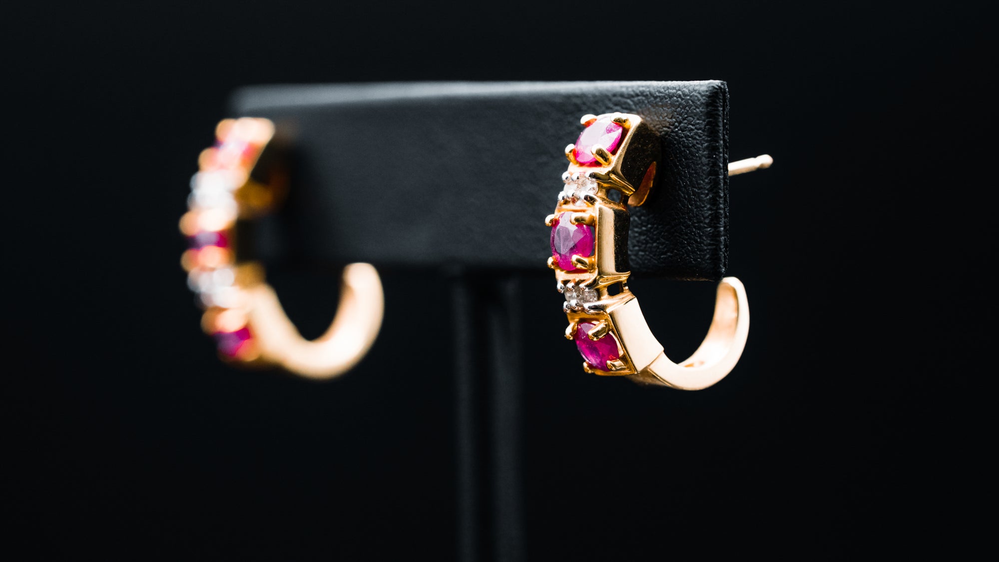 14k Yellow Gold Ruby and Diamond J Hoop Earrings