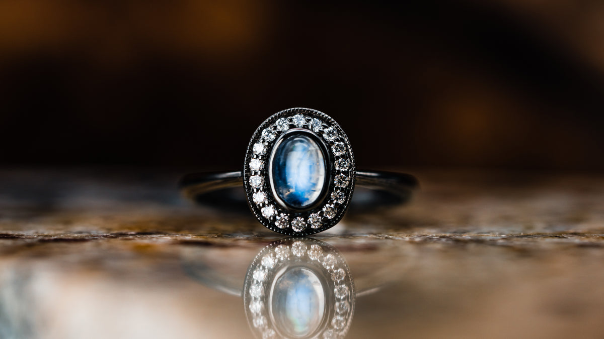 14k White Gold Moonstone and Diamond Ring