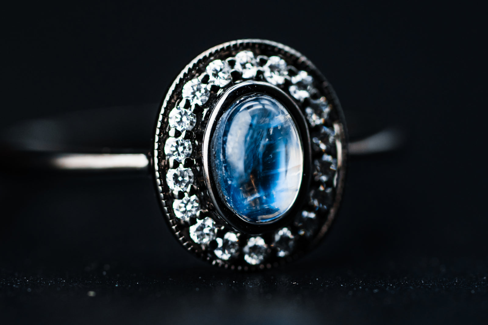 14k White Gold Moonstone and Diamond Ring