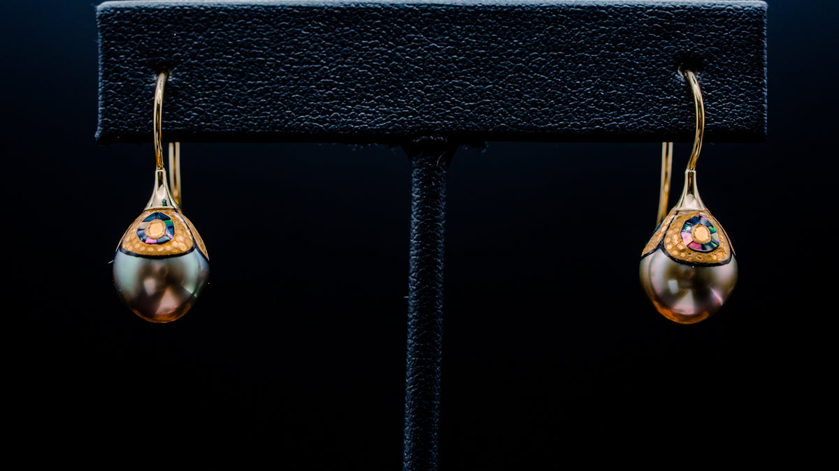 14k Yellow Gold Decorated South Sea Pearl Earrings