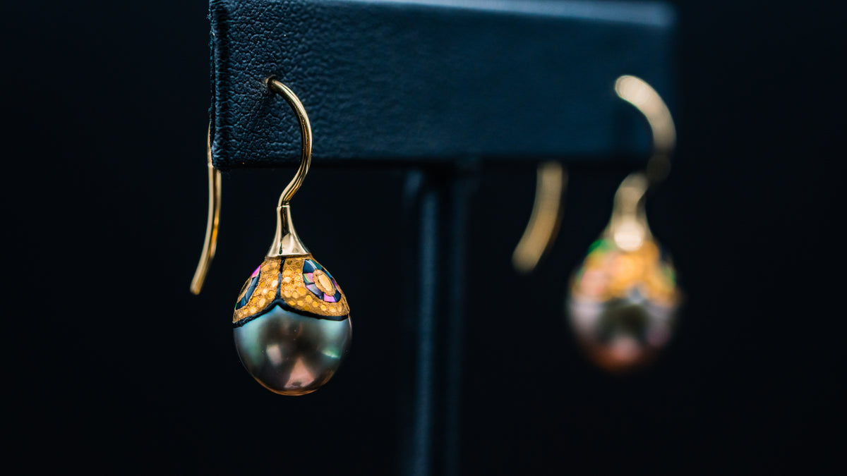 14k Yellow Gold Decorated South Sea Pearl Earrings