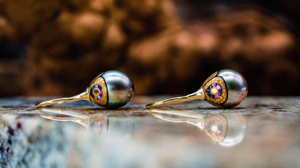 14k Yellow Gold Decorated South Sea Pearl Earrings