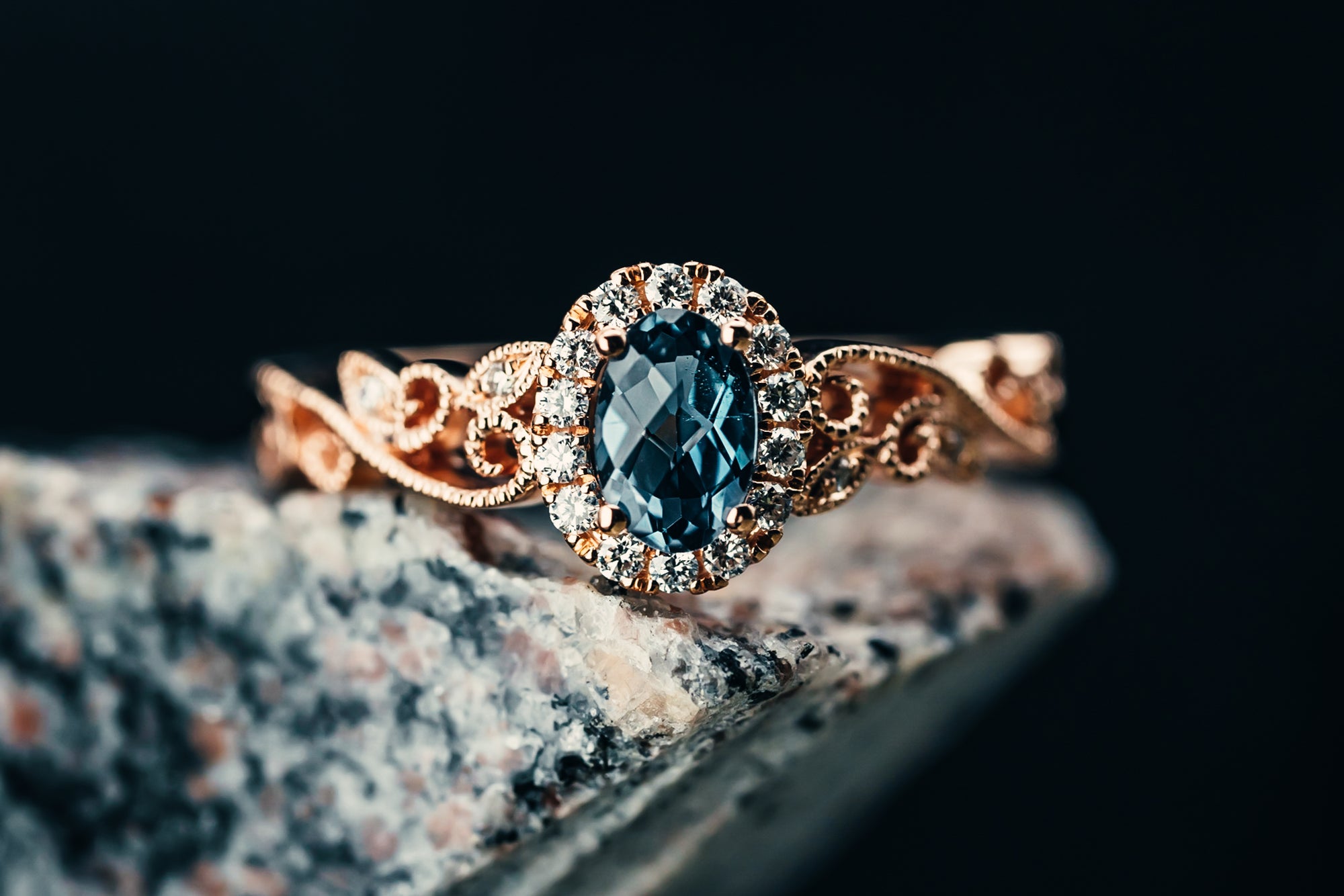 14k Rose Gold London Blue Topaz and Diamond Halo Fashion Ring