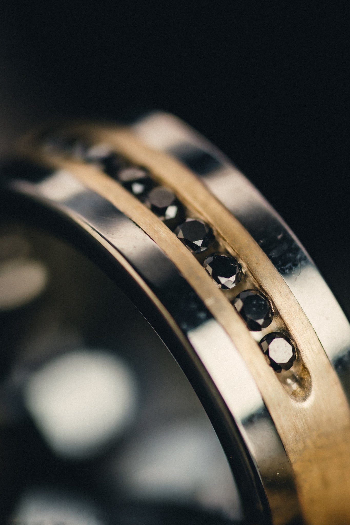 Flat Tungsten Wedding Band with Brushed Silver Inlay Center and 9 Channel Set Black Diamonds